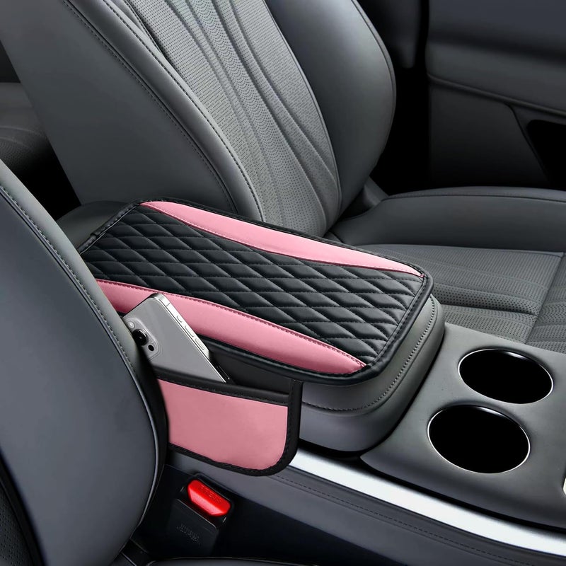 Tioollev Patchwork Leather Car Center Console Cover,Microfiber Leather Vehicle Armrest Protector Cushion with 2 Storage Bags,Universal Cars Armrest Cushion for SUV, Sedan, Truck (Pink) - Image 5